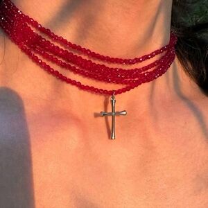 5 Layer Red Beaded Necklace with Silver Cross Pendant